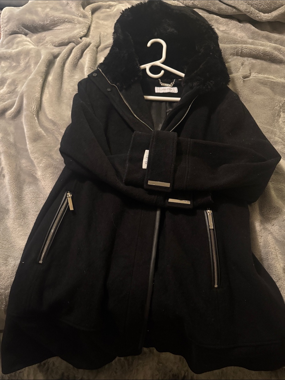 Calvin Klein Black Faux-Fur Collar Pea Coat